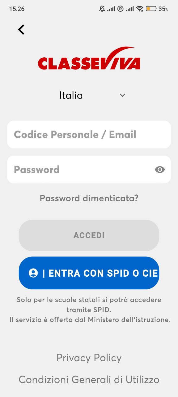 متابعة الغياب والدرجات لطلاب Don Bosco شاشة تسجيل الدخول في تطبيق ClasseViva مع حقول اسم المستخدم وكلمة المرور وزر Entra