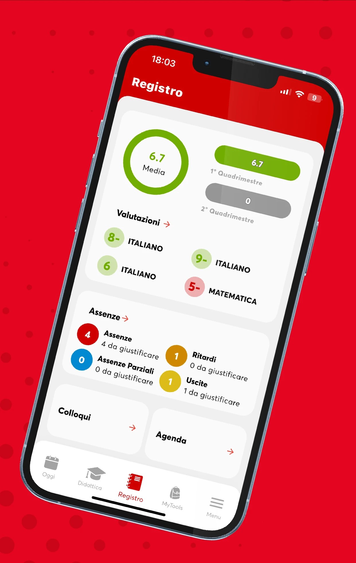 متابعة الغياب والدرجات لطلاب Don Bosco لوحة التحكم الرئيسية في ClasseViva تعرض المعدل العام وملخص الدرجات والغياب